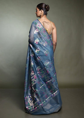 Blue Kota Cotton Saree With Blouse Piece