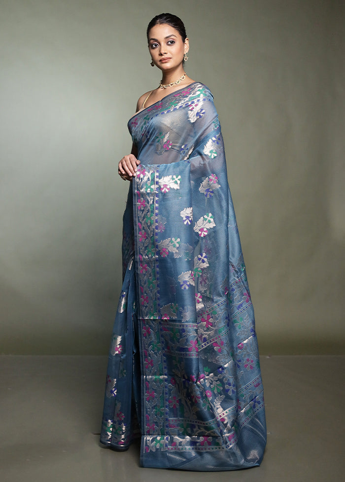 Blue Kota Cotton Saree With Blouse Piece