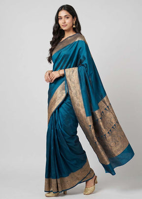 Blue Banarasi Silk Saree With Blouse Piece