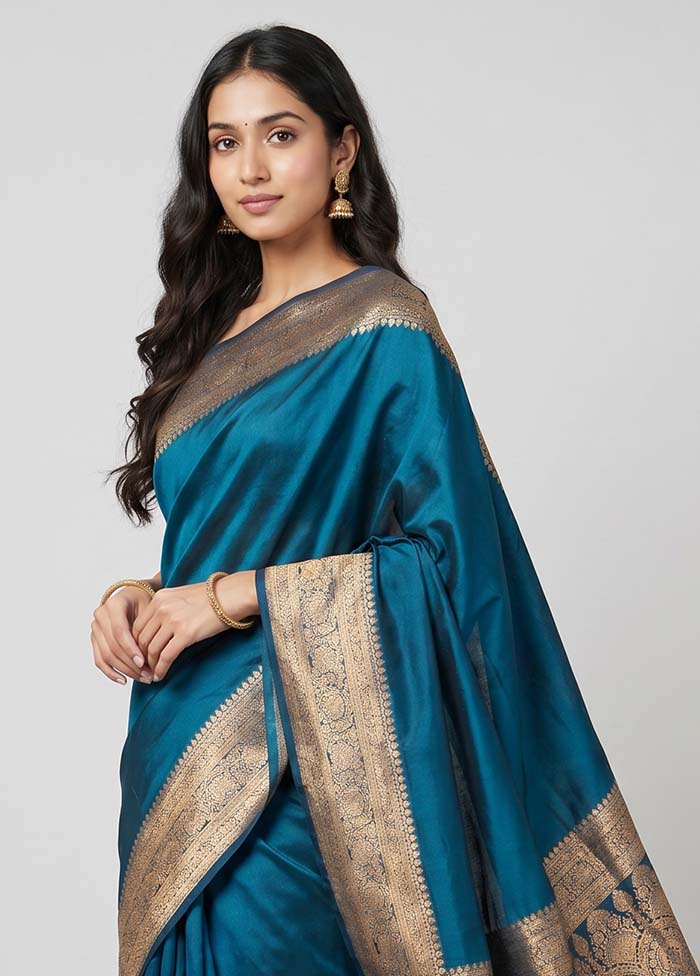 Blue Banarasi Silk Saree With Blouse Piece