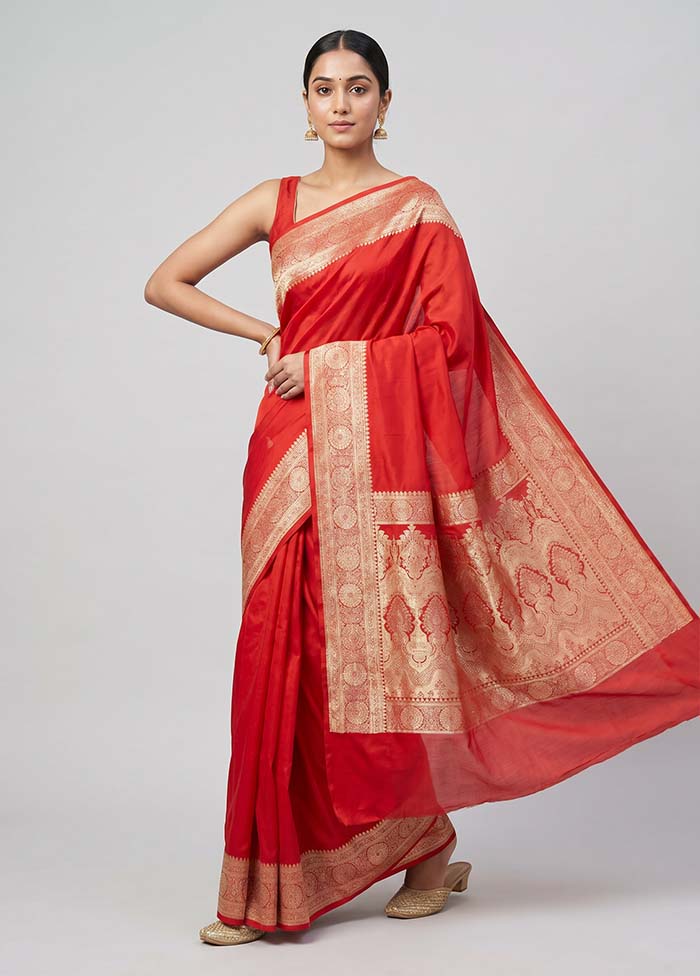 Red Banarasi Silk Saree With Blouse Piece