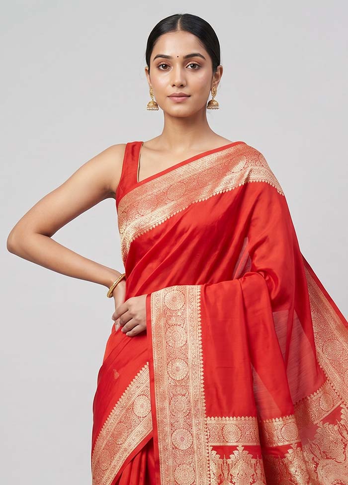 Red Banarasi Silk Saree With Blouse Piece