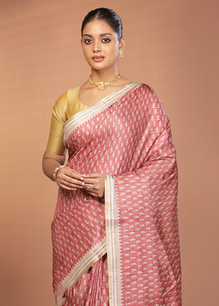 Pink Printed Pure Silk Saree Without Blouse Piece