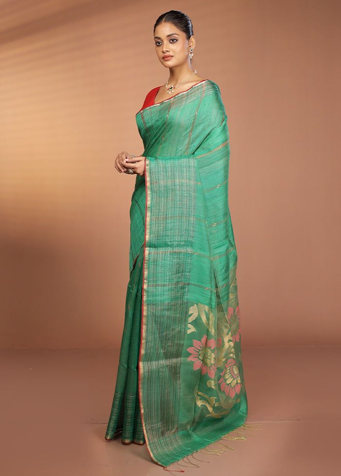 Green Handloom Matka Pure Silk Saree With Blouse Piece