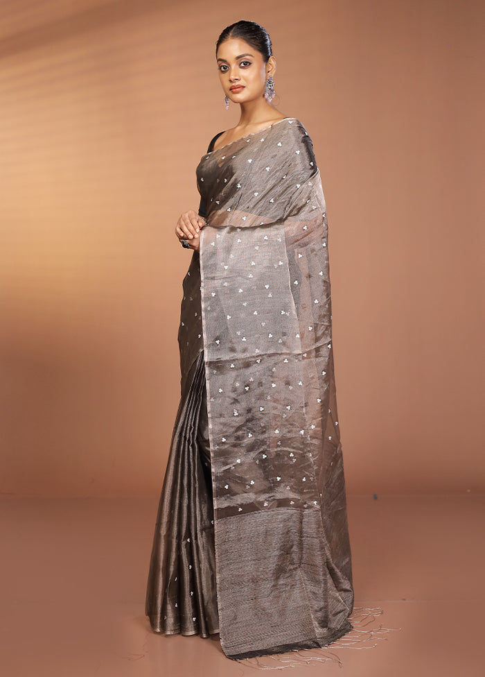 Grey Handloom Matka Pure Silk Saree With Blouse Piece