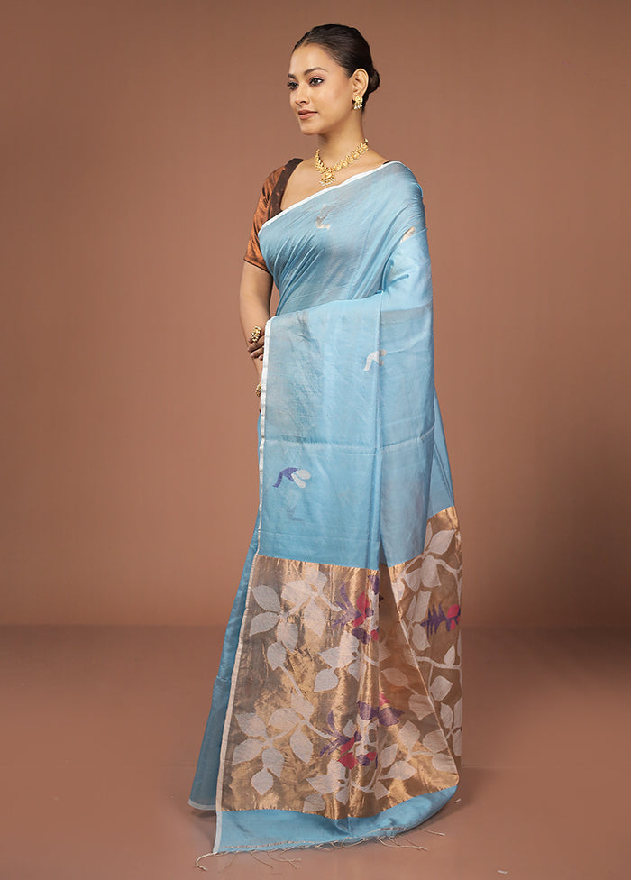 Blue Handloom Matka Pure Silk Saree With Blouse Piece