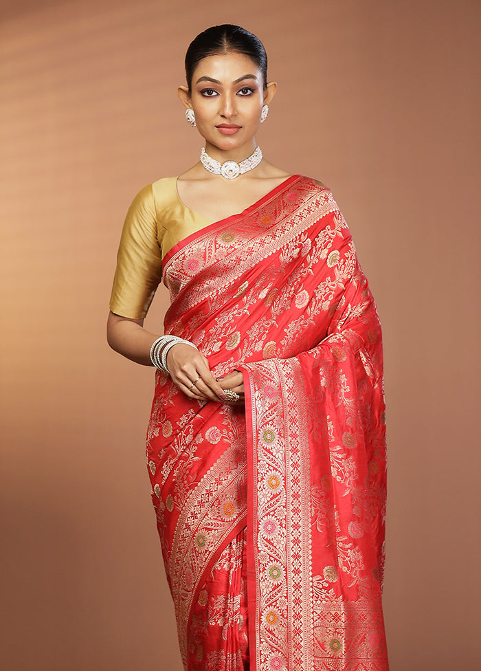 Red Dupion Silk Saree With Blouse Piece