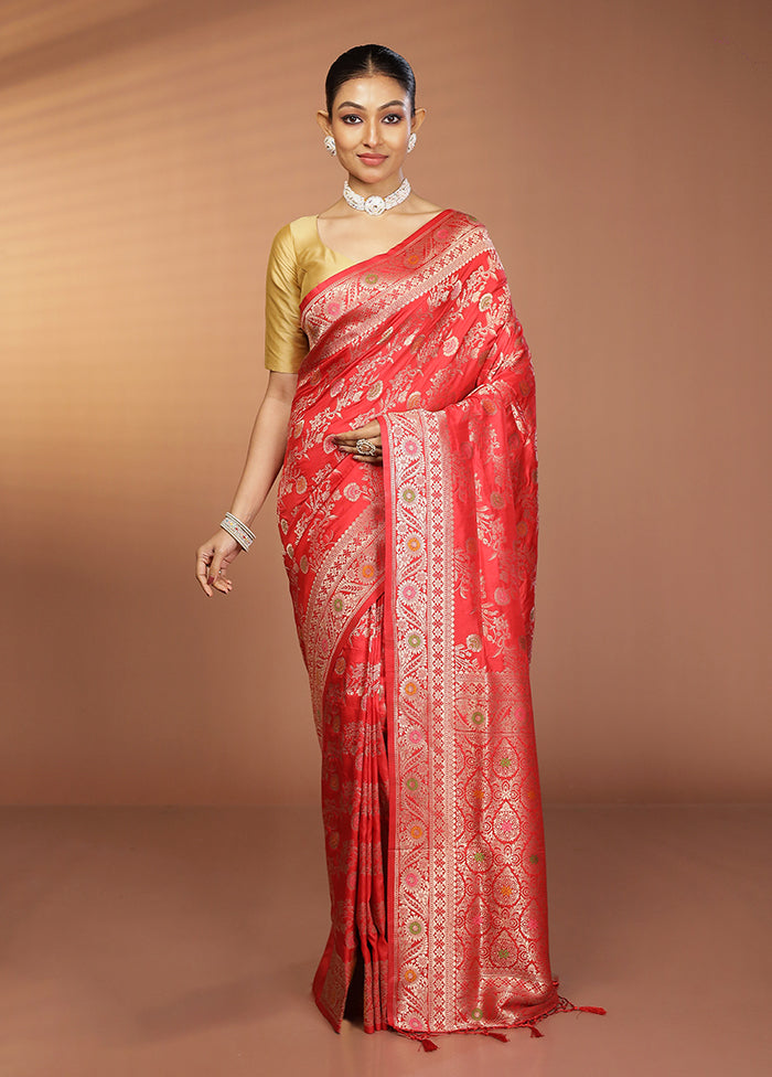 Red Dupion Silk Saree With Blouse Piece