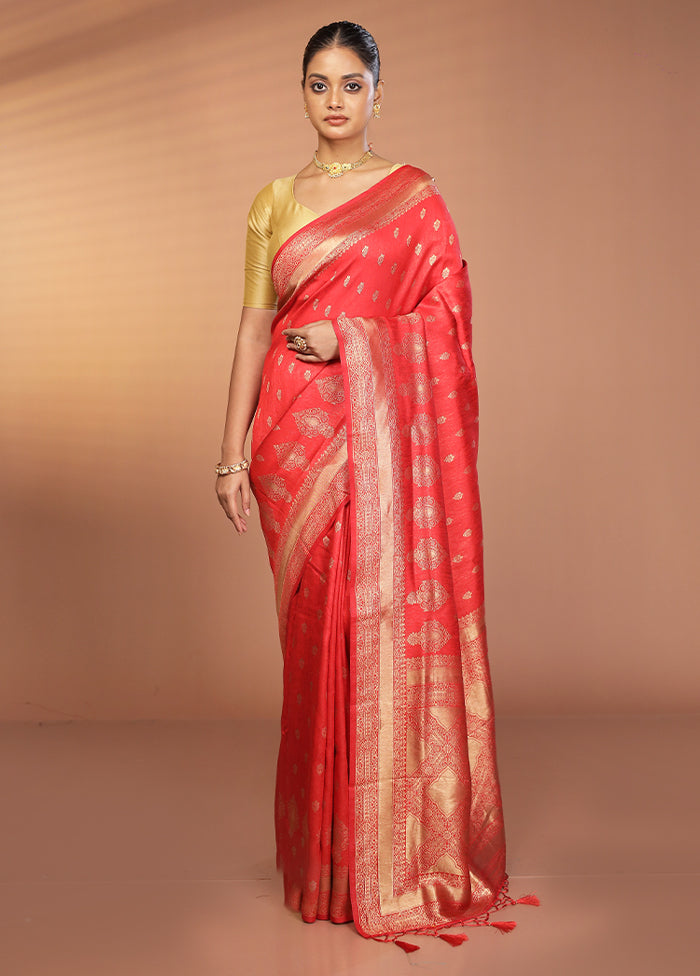 Red Dupion Silk Saree With Blouse Piece