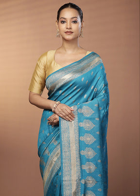 Blue Dupion Silk Saree With Blouse Piece