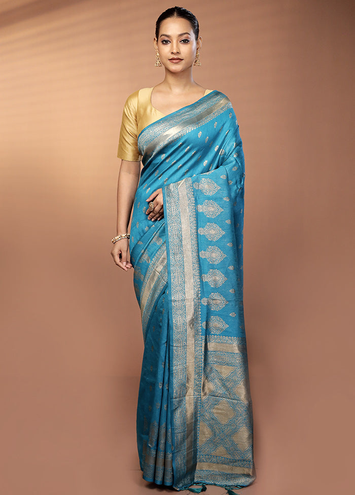 Blue Dupion Silk Saree With Blouse Piece