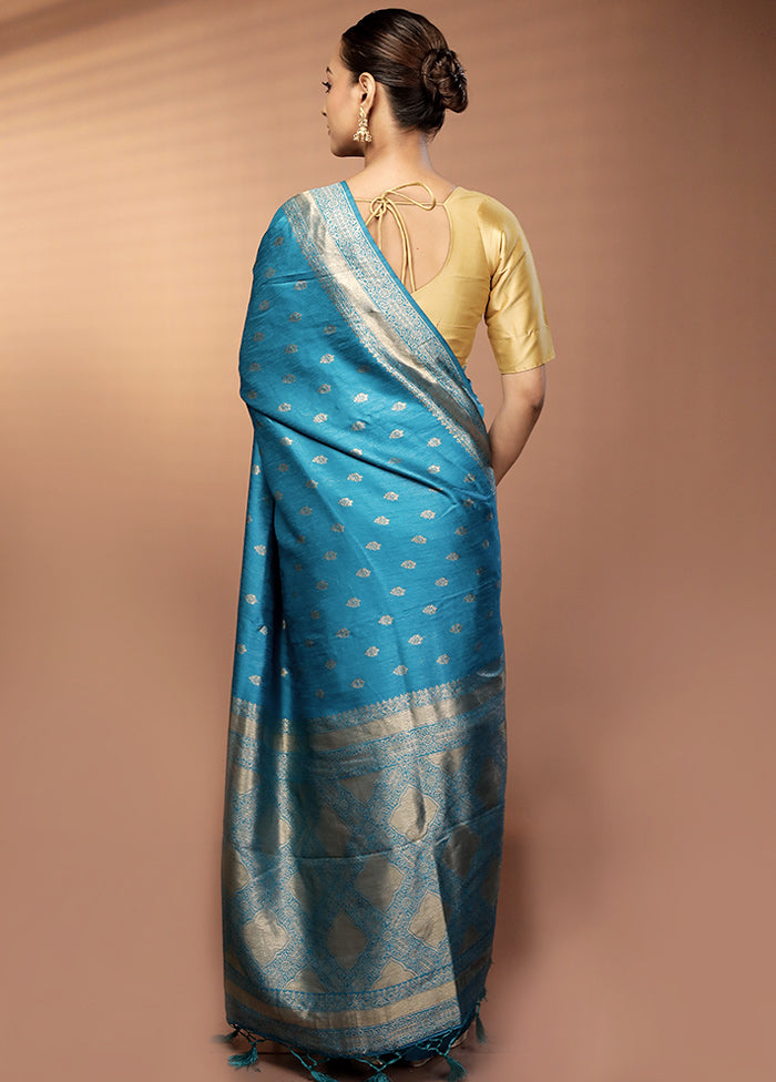 Blue Dupion Silk Saree With Blouse Piece