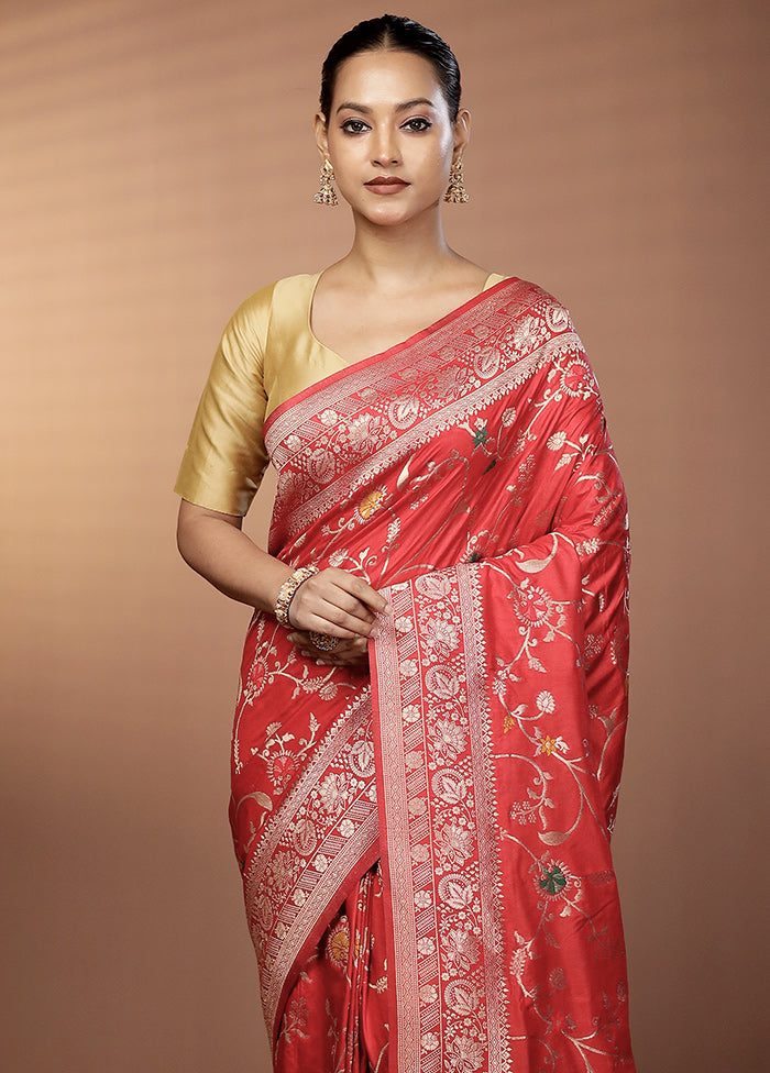Red Dupion Silk Saree With Blouse Piece