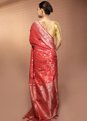 Red Dupion Silk Saree With Blouse Piece