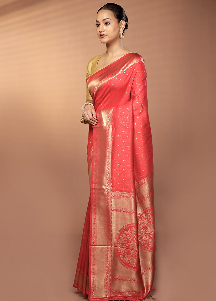 Red Dupion Silk Saree With Blouse Piece
