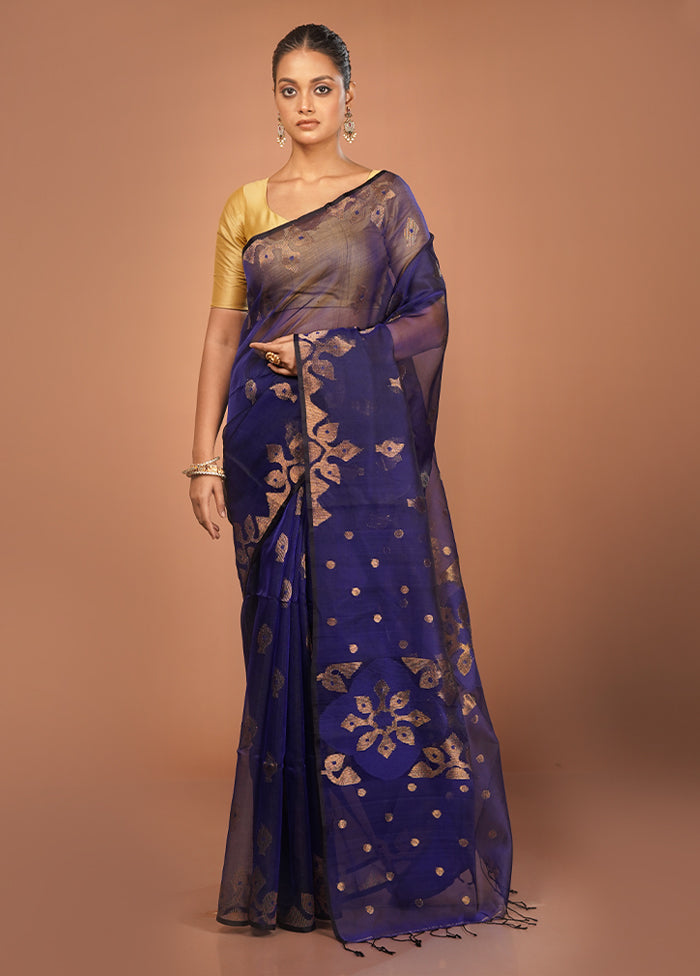 Blue Handloom Matka Pure Silk Saree With Blouse Piece