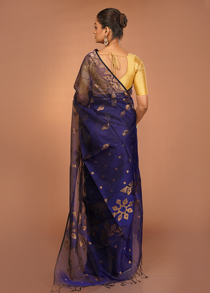 Blue Handloom Matka Pure Silk Saree With Blouse Piece