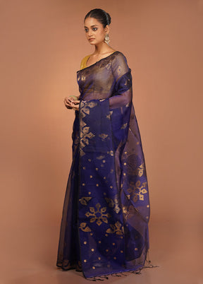Blue Handloom Matka Pure Silk Saree With Blouse Piece