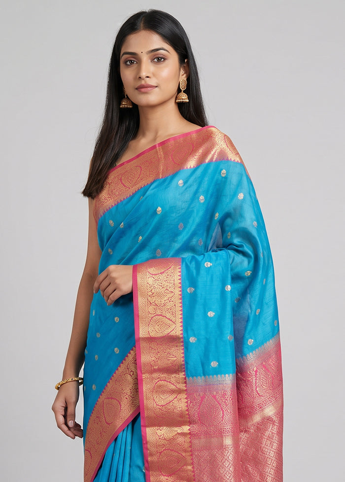 Blue Kanjivaram Silk Saree With Blouse Piece