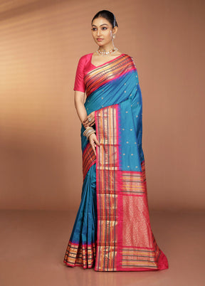 Blue Kanjivaram Silk Saree With Blouse Piece