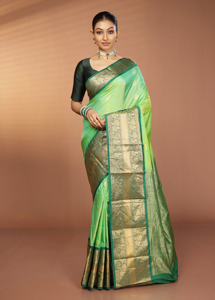 Green Handloom Kanjivaram Pure Silk Saree With Blouse Piece