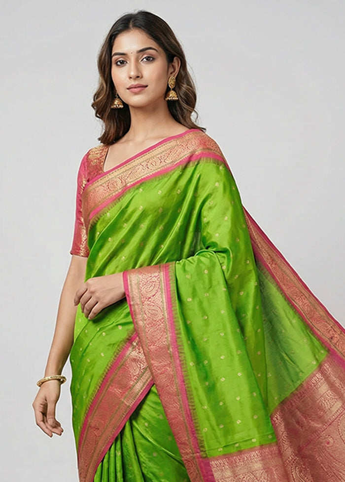 Green Handloom Kanjivaram Pure Silk Saree With Blouse Piece