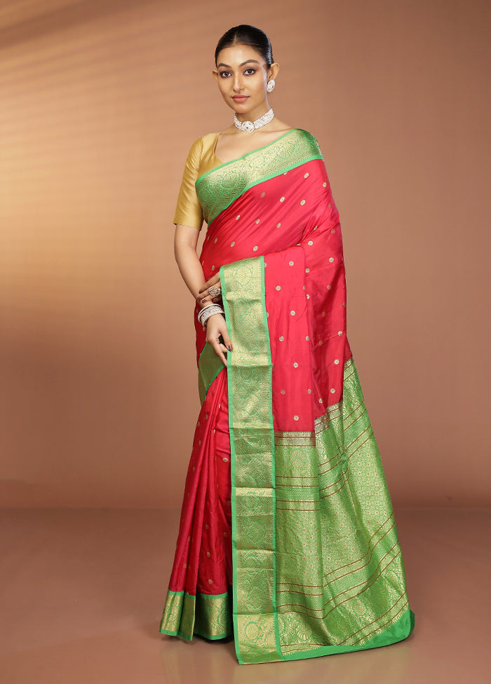 Pink Handloom Kanjivaram Pure Silk Saree With Blouse Piece