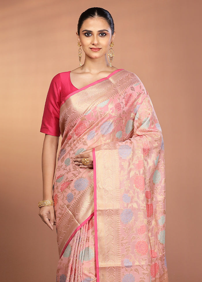 Pink Kora Silk Saree With Blouse Piece
