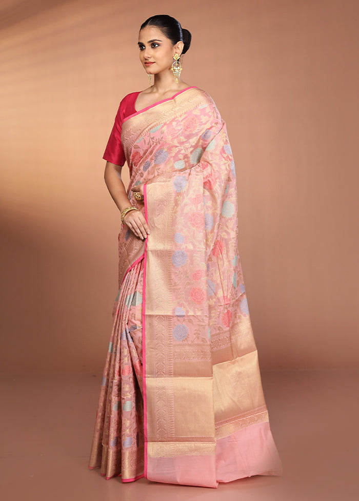 Pink Kora Silk Saree With Blouse Piece