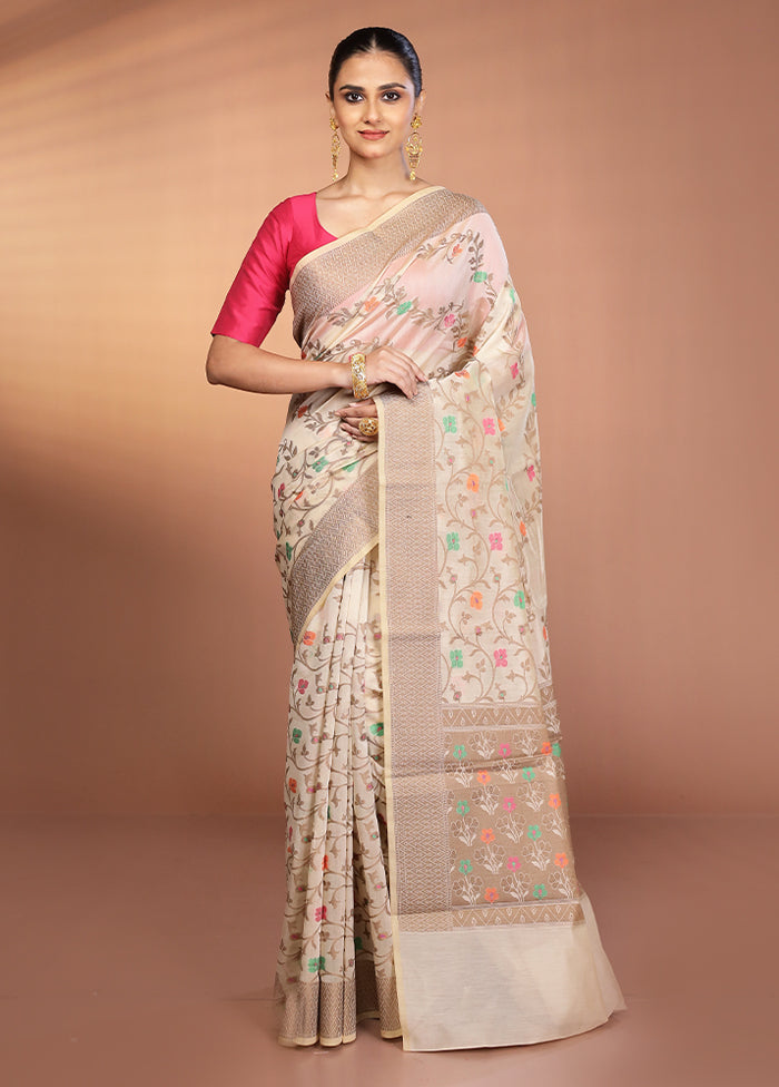 Cream Kora Silk Saree With Blouse Piece