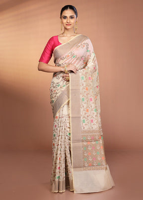 Cream Kora Silk Saree With Blouse Piece