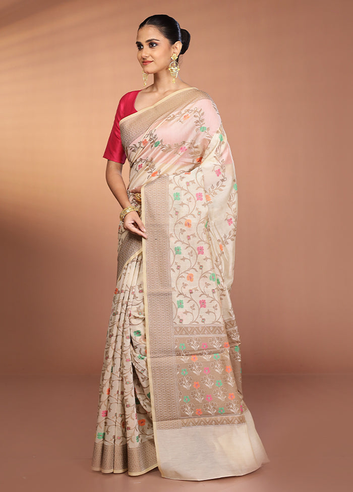 Cream Kora Silk Saree With Blouse Piece