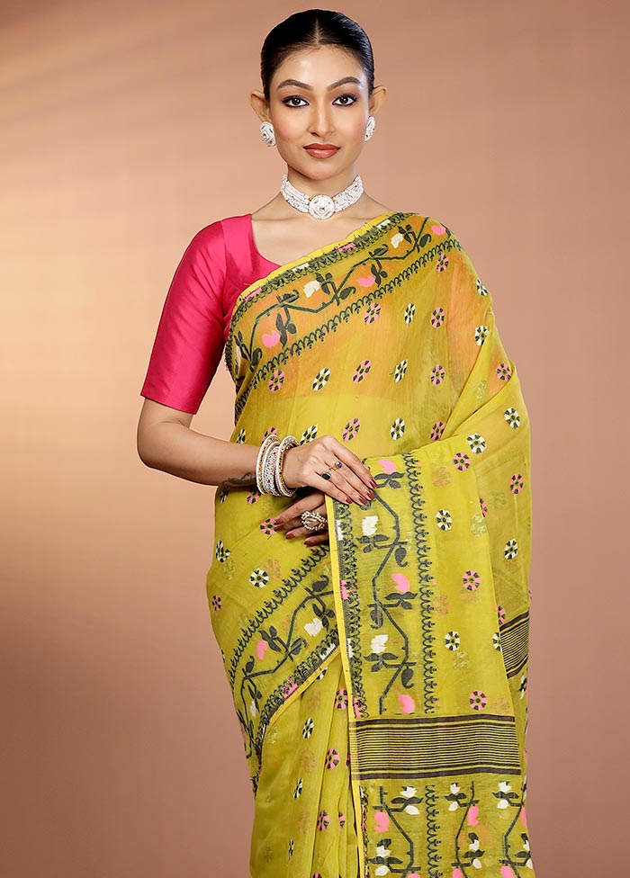 Green Tant Jamdani Saree Without Blouse Piece