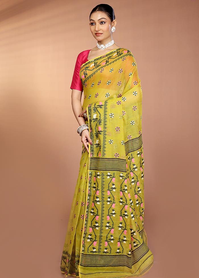 Green Tant Jamdani Saree Without Blouse Piece
