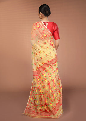 Cream Tant Jamdani Saree Without Blouse Piece