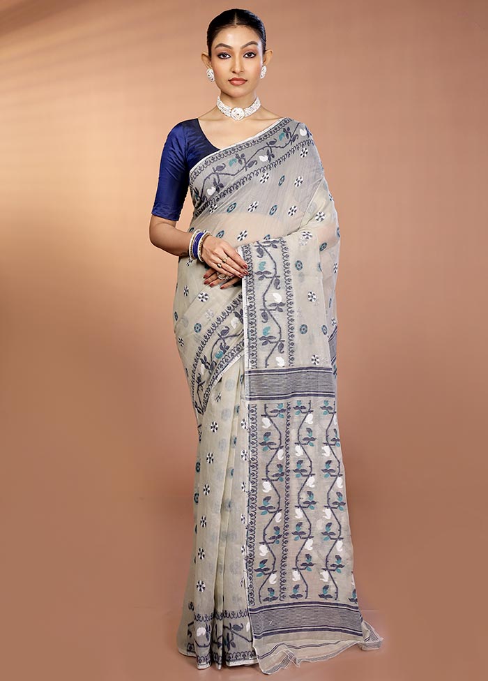 Grey Tant Jamdani Saree Without Blouse Piece