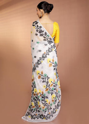 White Tant Jamdani Saree Without Blouse Piece