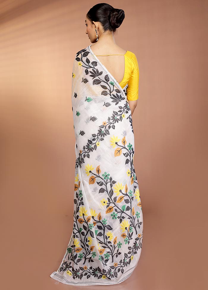 White Tant Jamdani Saree Without Blouse Piece
