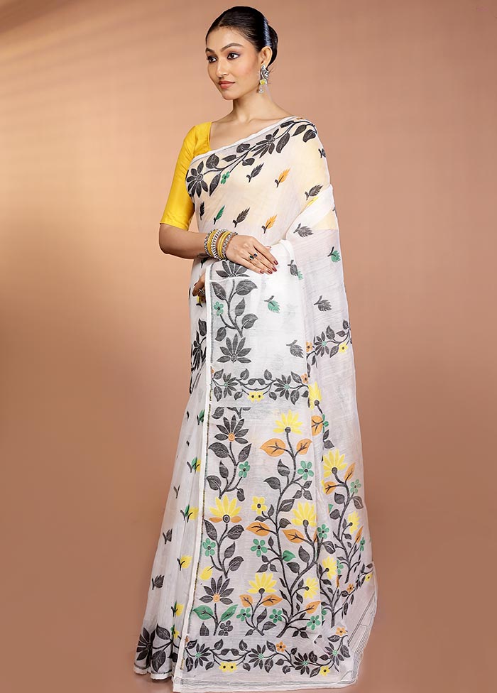 White Tant Jamdani Saree Without Blouse Piece