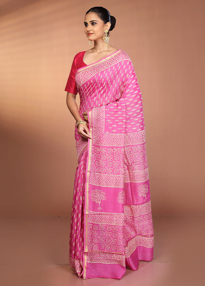 Pink Chanderi Silk Saree With Blouse Piece
