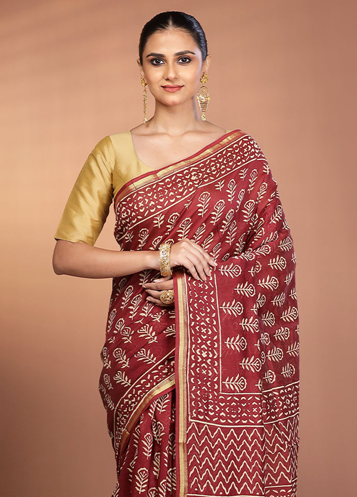 Maroon Chanderi Cotton Saree With Blouse Piece