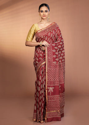 Maroon Chanderi Cotton Saree With Blouse Piece