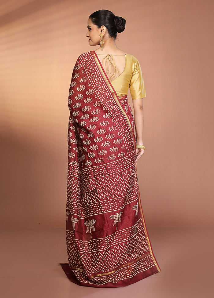 Maroon Chanderi Cotton Saree With Blouse Piece