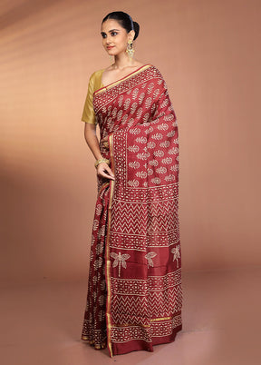 Maroon Chanderi Cotton Saree With Blouse Piece