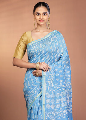 Blue Chanderi Silk Saree With Blouse Piece