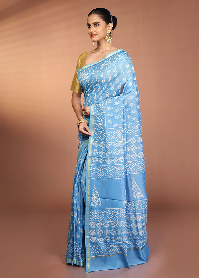 Blue Chanderi Silk Saree With Blouse Piece