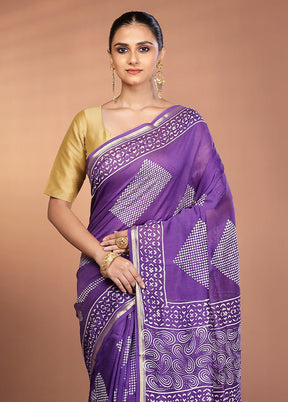 Purple Chanderi Cotton Saree With Blouse Piece