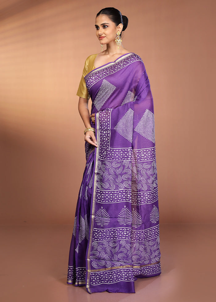 Purple Chanderi Cotton Saree With Blouse Piece