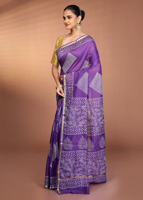 Purple Chanderi Cotton Saree With Blouse Piece