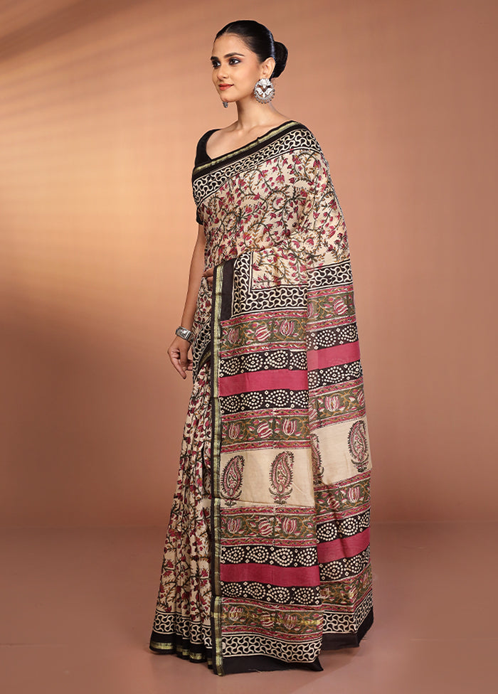 Cream Chanderi Silk Saree With Blouse Piece